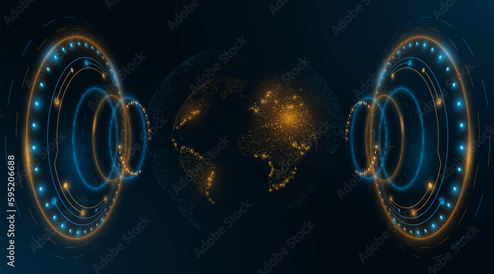 Wall mural futuristic globe and 3d hud rounds with light effects. earth map hologram. digital planet. global ne