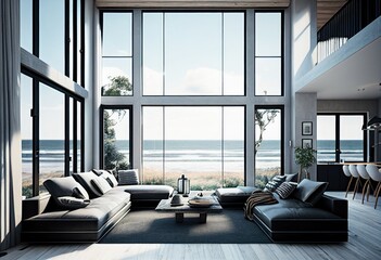 Modern living room with a view. Generative AI.	
