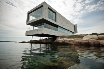 3d render of a modern building on the sea. Generative AI.	
