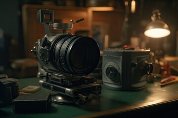 Old vintage camera at the dark environment background. Generative AI.