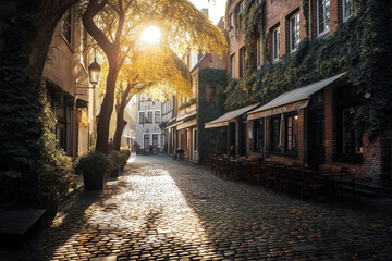 Obraz premium Charming cobblestone street in a quaint German town at sunset - generative AI