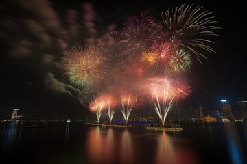 Fireworks over the river. Generative AI.