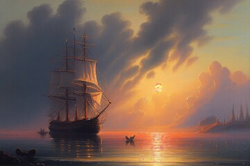 Fototapeta premium Ship at the sea in the sunset. Generative AI.