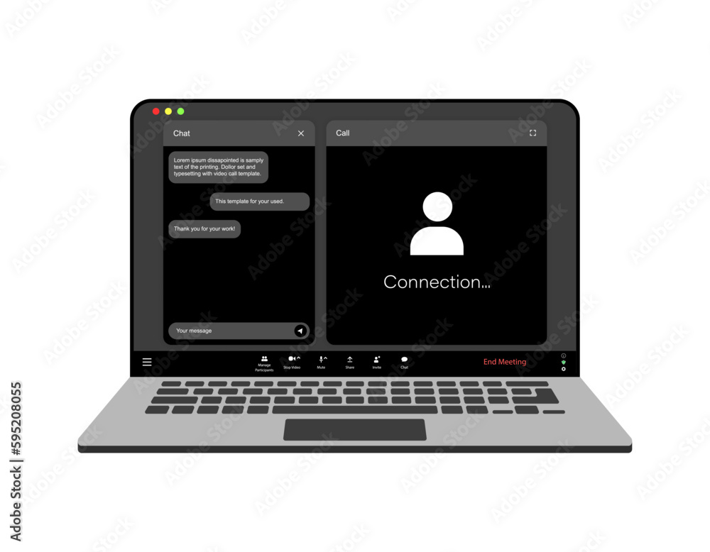 Poster videocall interface, video call screen icons and ui template for laptop, vector overlay. video confe