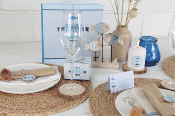 Maritime Tischdekoration in blau, weiß, natur zur Kommunion, Hochzeit, Taufe oder sommerliche Feste - 595208221