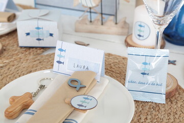 Maritime Tischdekoration in blau, weiß, natur zur Kommunion, Hochzeit, Taufe oder sommerliche Feste - 595208258