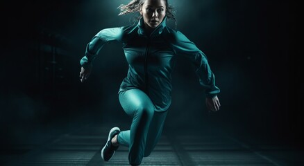 Running woman. Photo of sportswoman in motion on white background. AI digital illustration.	