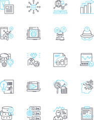 Data analysis linear icons set. Analytics, Computation, Metrics, Modelling, Insight, Statistics, Visualization line vector and concept signs. Interpretation,Mining,Algorithms outline illustrations