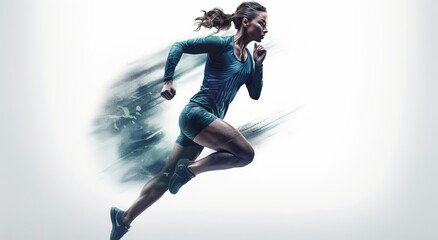 Fototapeta na wymiar Running woman. Photo of sportswoman in motion on white background. AI digital illustration. 