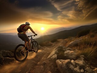 Mountainbiken im Gelände in den Bergen bei Sonnenunter, Generative AI