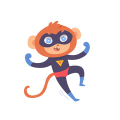 Cute monkey superhero, brave animal flying and showing strong muscles and strength