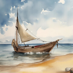 Fototapeta premium boat on the beach watercolor illustration