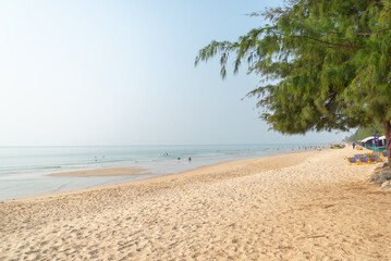The Sand beach with umbrella of cha-am beach at petchaburi province,Thailand