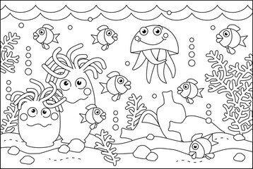 Underwater coloring page with anemones, sunken amphorae, jellyfish and sea life scene
