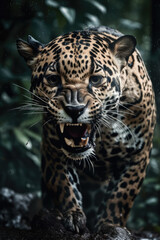 Fototapeta na wymiar Wild Jaguar panthera roaring aggressively. Jungle forest running generative ai