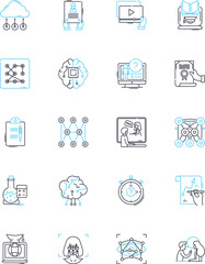 Digital work linear icons set. Remote, Freelance, Virtual, Online, Telecommute, Digitalization, Cyberculture line vector and concept signs. Telework,Internet,E-commerce outline illustrations