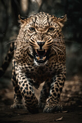 Wild Leopard panthera roaring aggressively. Jungle forest running generative ai