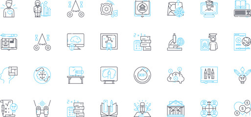 Learning quality linear icons set. Excellence, Progress, Mastery, Rigor, Success, Engagement, Education line vector and concept signs. Development,Innovate,Empowerment outline illustrations