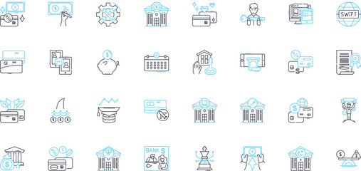 Investment strategy linear icons set. Diversification, Allocation, Risk, Returns, Portfolio, Market, Bonds line vector and concept signs. Stocks,Indexes,Growth outline illustrations