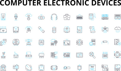 Computer electronic devices linear icons set. Laptop, Desktop, Tablet, Smartph, Server, Router, Modem vector symbols and line concept signs. Keyboard,Mouse,Headset illustration