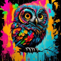 Obraz premium A colorful owl is depicted in the form of paint splashes 3d illustration,genarative AI