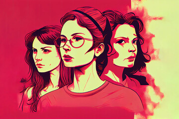 Poster illustration of three young feminist women as team (Generative AI)