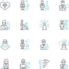 Identity creation linear icons set. Persona, Self-image, Perception, Individuality, Authenticity, Self-expression, Belonging line vector and concept signs. Self-esteem,Self-realization,Character
