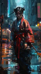 Plakat woman samurai color theory impasto walking down city street kimono station jesus christ emotional sad proportions kitty cat kitten deep lighting holding sword, generative ai
