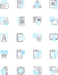Mobile tech linear icons set. Smartphs, Tablets, Apps, Wireless, Android, iOS, Gaming line vector and concept signs. Bluetooth,Wearables,Gadgets outline illustrations