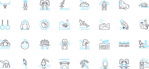 Nature exploration linear icons set. Wonder, Discovery, Adventure, Hike, Trek, Wildflowers, Exploration line vector and concept signs. Wildlife,Scenery,Serenity outline illustrations