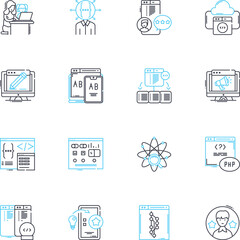 Mainframe computer linear icons set. Legacy, Centralized, Durable, Powerful, Resilient, Inflexible, Hierarchical line vector and concept signs. Reliable,Robust,Monolithic outline illustrations - obrazy, fototapety, plakaty