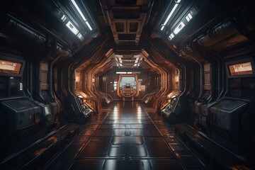 Futuristic spaceship's sci-fi interior with advanced technology background. Generative AI