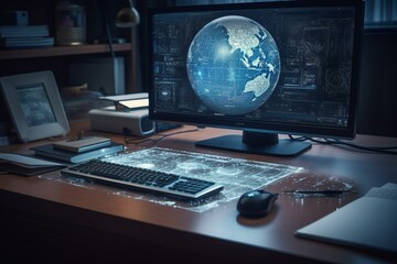 A multi-exposed image of a computer on an office desktop with a hologram and technology theme. Tech concept. Generative AI