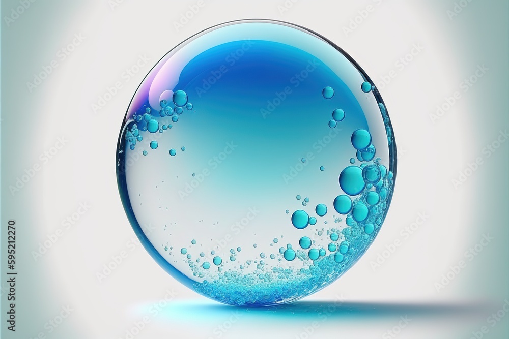 Poster closeup macro iridescent clear and transparent round water sphere with air bubbles inside on white i