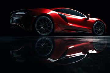 Plakat Red car on black background with reflection and front wheel visible. Generative AI
