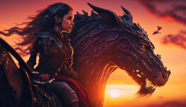 Woman standing next to a dragon in the setting sun