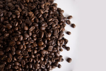 Roasted coffee beans closeup texture background copy space
