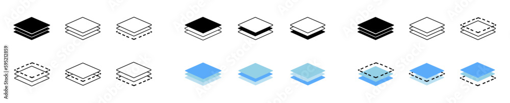 Poster layer icon. stack logo. blue, black, line layer icons for paper, carpet, floor and level. 3 layers. 