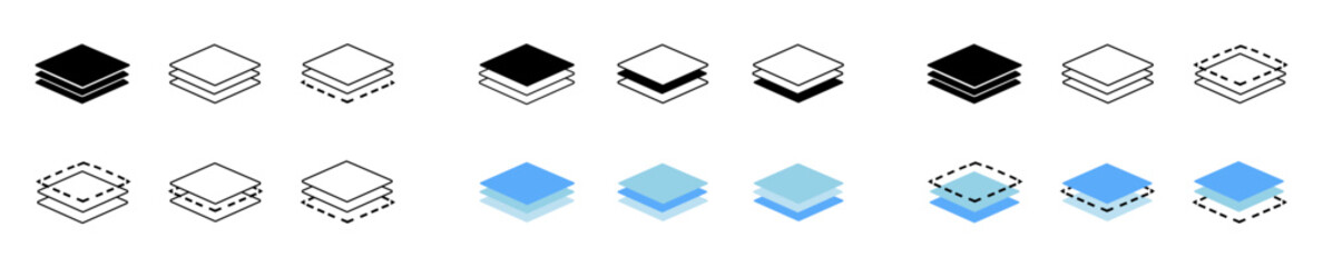 Layer icon. Stack logo. Blue, black, line layer icons for paper, carpet, floor and level. 3 layers. Pictogram symbols for architecture. Design technology. Tier depth.