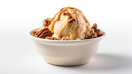 Butter pecan praline ice cream in a bowl with pecans, caramel swirls, and praline pieces on White Background with copy space for your text created with generative AI technology