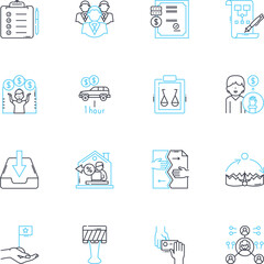 Far-flung headquarters linear icons set. Remote, Isolated, Distant, Outlying, Secluded, Faraway, Unreachable line vector and concept signs. Piering,Adventurous,Challenging outline illustrations