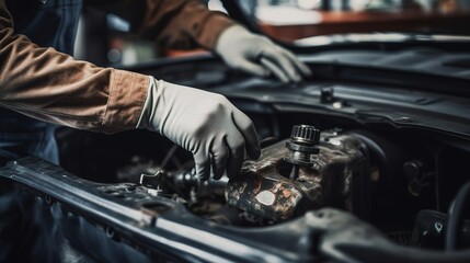 Obraz na płótnie Canvas senior male mechanical engineering working on vehicle in car service. Repair specialist, technical maintenance. Small business owner. Generative AI