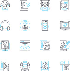 Brand management linear icons set. Strategy, Positioning, Reputation, Identity, Recognition, Loyalty, Perception line vector and concept signs. Differentiation,Communication,Consistency outline