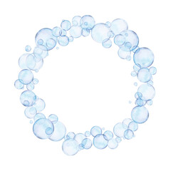 Watercolor drawn round frame from different size blue air bubbles on white background. Transparent realistic picture for illustration, stickers, logo, textile printing