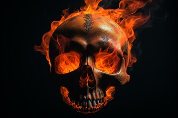 An ominous skull with a fierce orange flame in its evil eye. Generative AI