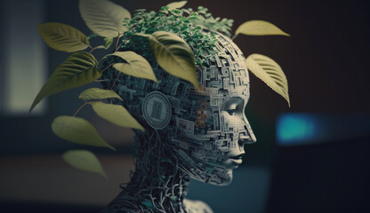 digital human heads thinking of ecology, clean technology, green technology by generation AI.