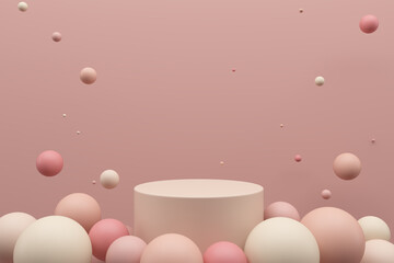 Minimal product podium stage with pink colors balloons in geometric shape for presentation background. Abstract background and decoration scene template. 3D render
