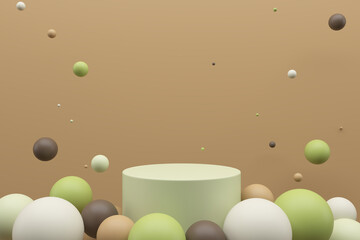 Minimal product podium stage with brown, green colors balloons in geometric shape for presentation background. Abstract background and decoration scene template. 3D render
