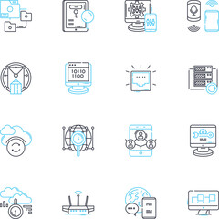 Virtual organization linear icons set. Collaboration, Communication, Innovation, Efficiency, Flexibility, Globalization, Digitalization line vector and concept signs. Automation,Connectivity,Remote