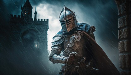 Knight drawing sword in the rain
